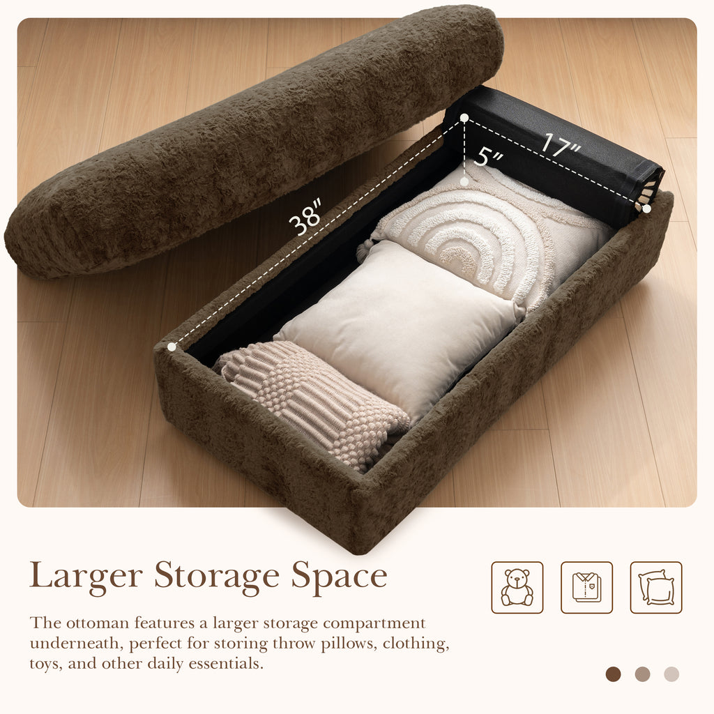 Oversized Chaise Lounge Indoor Faux Rabbit Fur Sofa Bed with Storage Ottoman and Armrests, Cup Holders, 42' Upholstered Sleeper Chair, 4 Colors