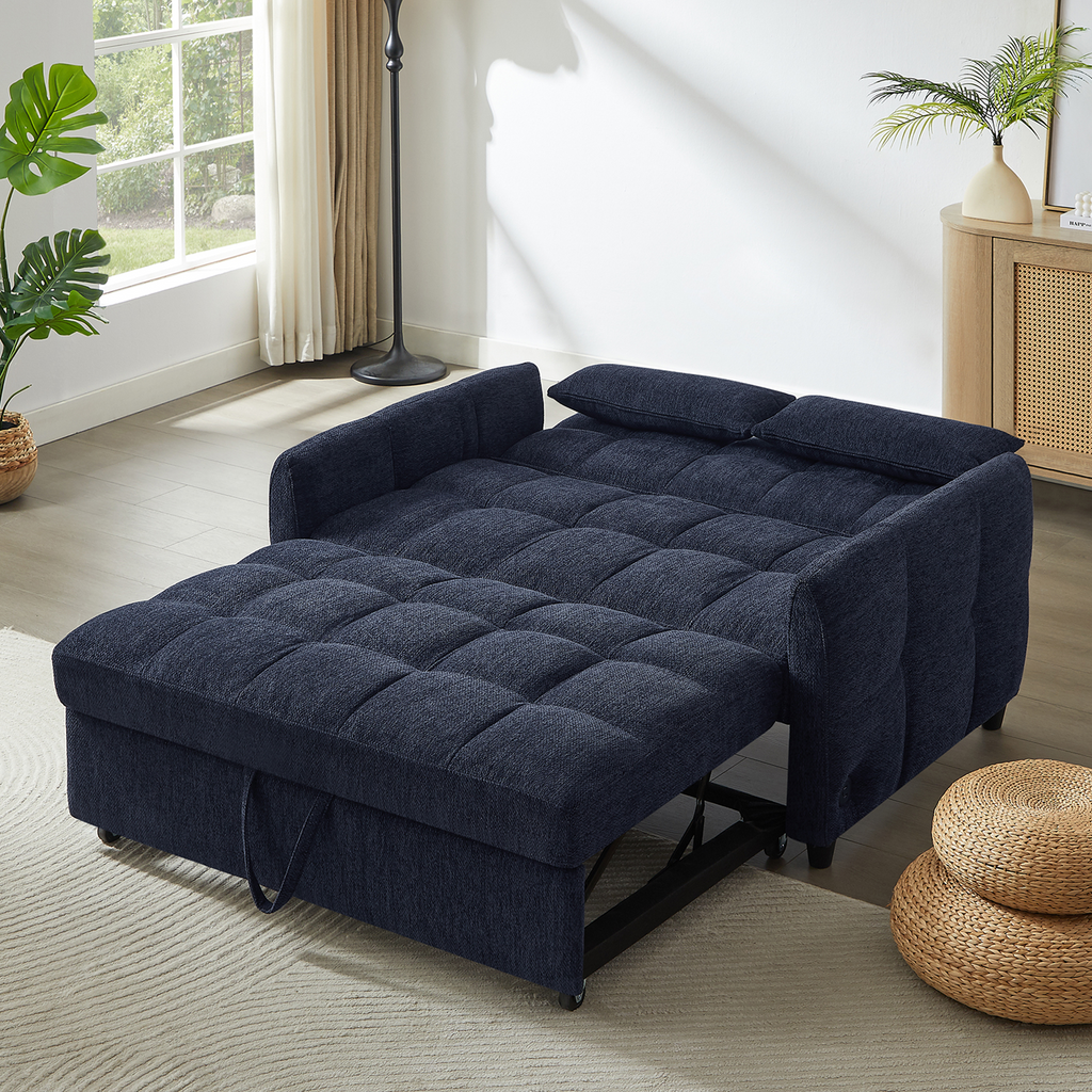 Modern Loveseat Sofa Pull-out Bed with Adjustable Backrest, USB Ports, Lumbar Pillows, Blue Chenille, 52.8'
