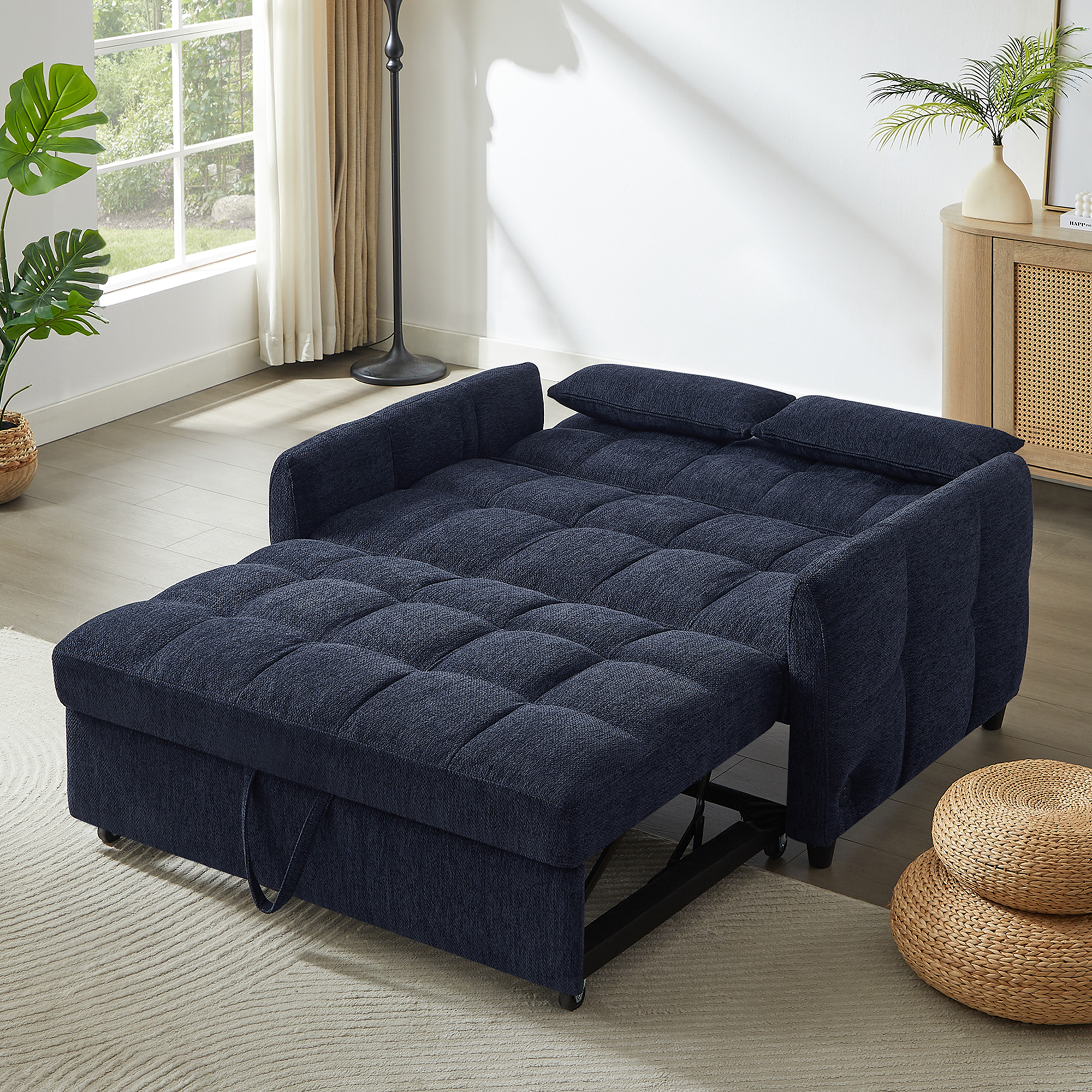 Modern Loveseat Sofa Pull-out Bed with Adjustable Backrest, USB Ports, Lumbar Pillows, Blue Chenille, 52.8'