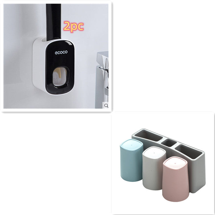Wall Mounted Automatic Toothpaste Holder Bathroom Accessories Set Dispenser Black2PC Three cups