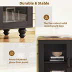 Farmhouse TV Stand with Solid Wood Gourd-Shaped Legs for TVs Up to 70', Entertainment Center with Bookshelves & Tempered Glass Doors, Media Console with Adjustable Shelves, Living Room, Black