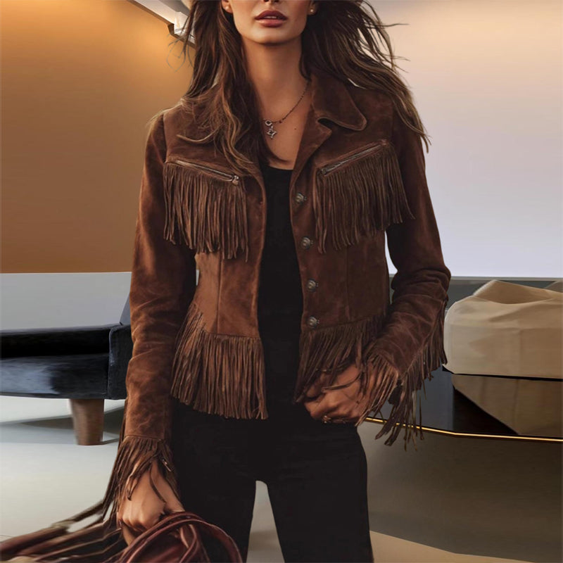 Women's Solid Color Fringe Suede-Look Jacket, Western Style Long Sleeve Button Front Coat For Fall & Winter Coffee