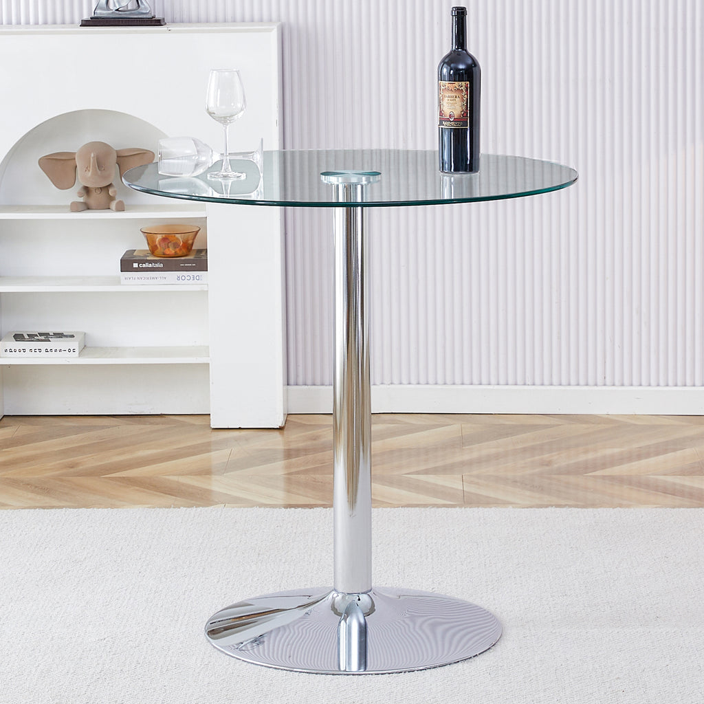 Modern Minimalist Circular Glass Dining Table with Electroplated Silver Metal Legs, 35-Inch Diameter