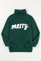 Blackish Green Merry Letter Embroidered High Neck Sweater- Women