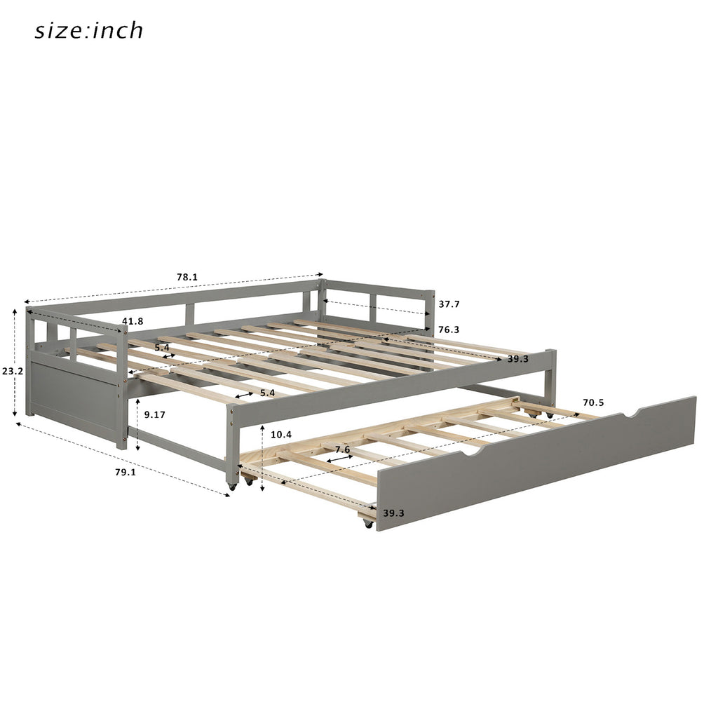 Contemporary Wooden Daybed with Trundle, Space-Saving Gray Twin to King Size Bed