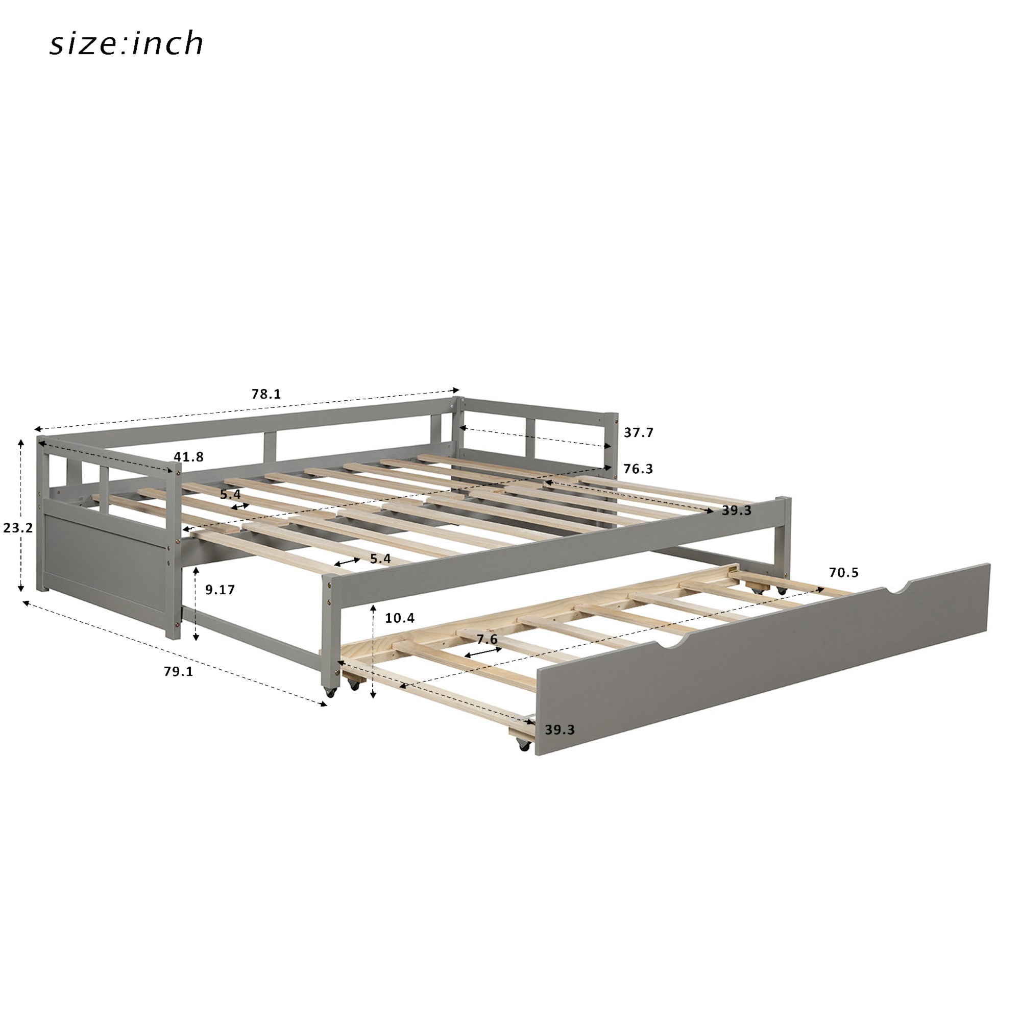 Contemporary Wooden Daybed with Trundle, Space-Saving Gray Twin to King Size Bed