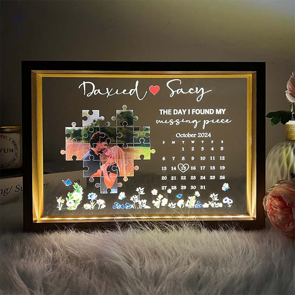 Puzzle Commemorative Edition LED Photo Frame, Personalized Photo Puzzle Dark Wood Color