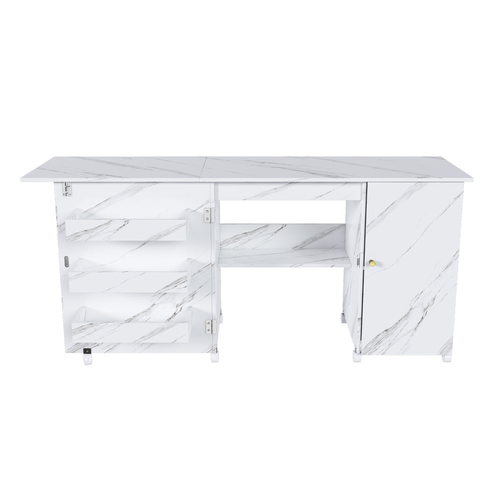 57.5' Foldable Sewing Machine Table with Locking Casters, Multi-Storage Craft Station with Shelves, Bins & Cabinet, Adjustable Sewing Cabinet for Home, Bedroom, and Craft Room(White)