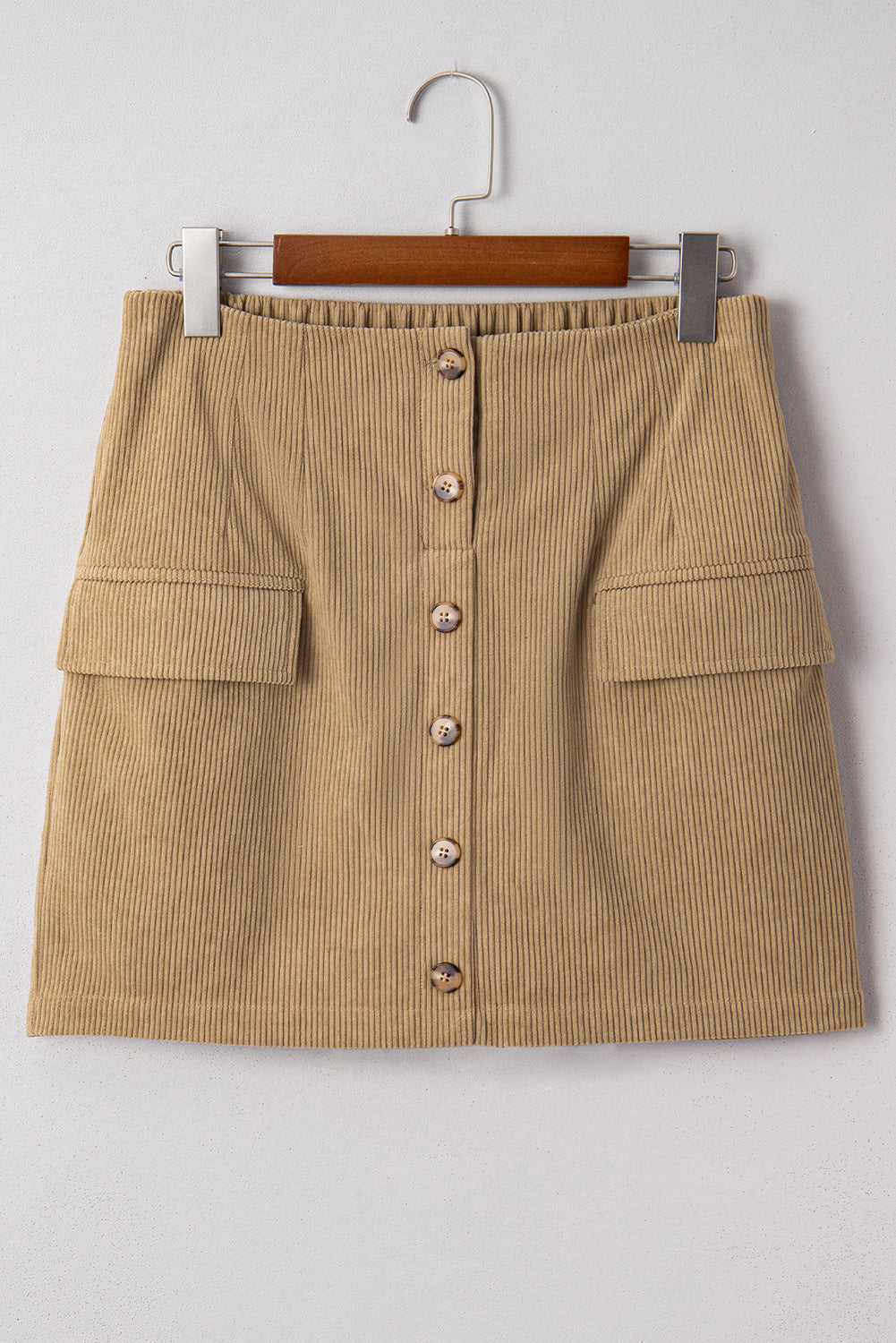 Camel Corduroy Buttoned Front Faux Pockets Mini Skirt- Women