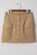 Camel Corduroy Buttoned Front Faux Pockets Mini Skirt- Women