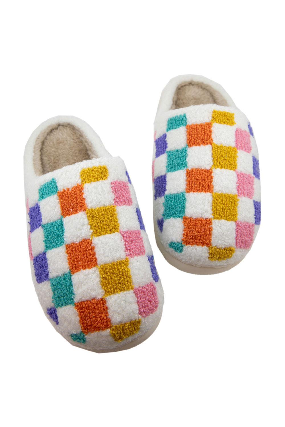 White Vibrant Checkered Plush Thermal Slippers- Women