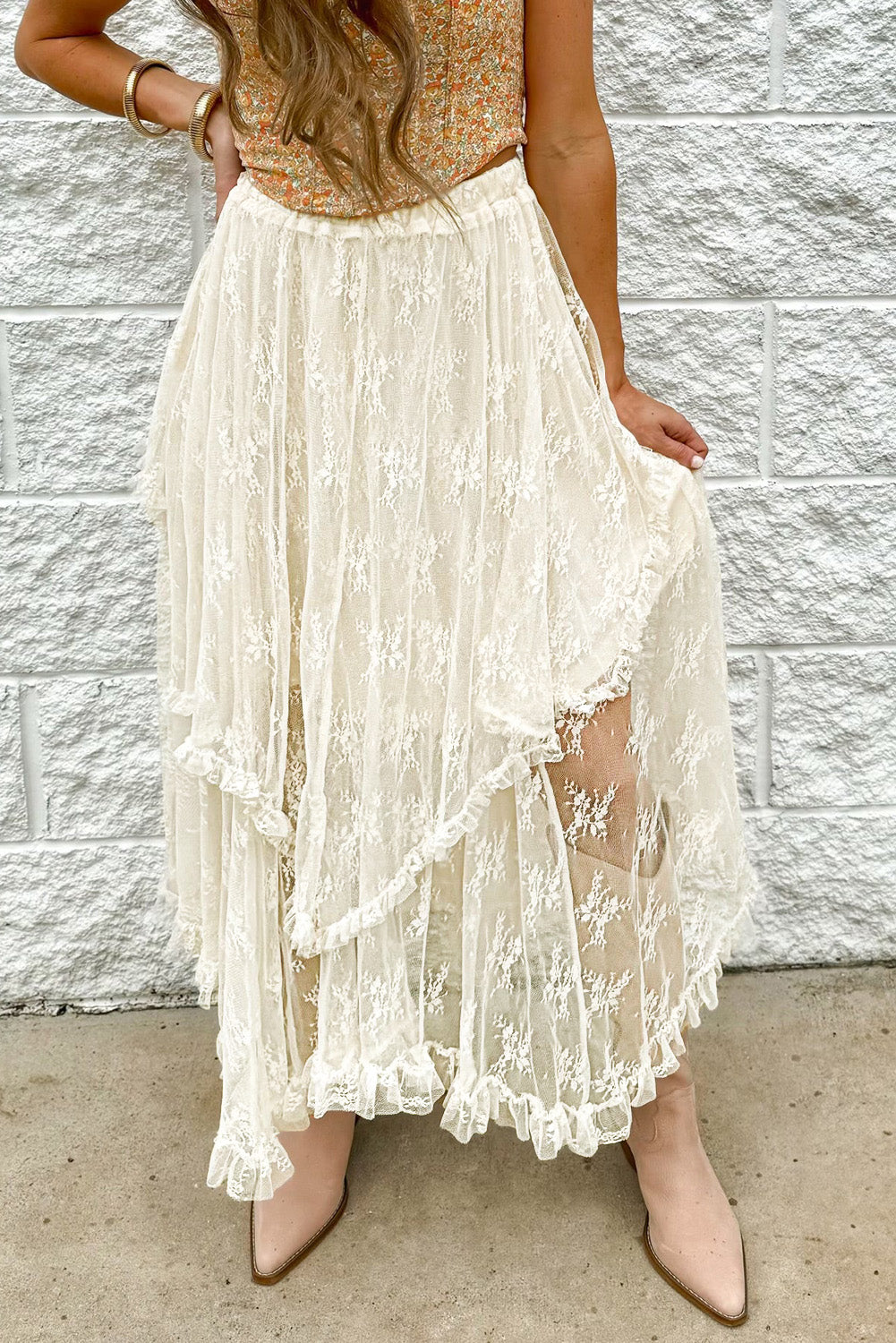 Beige Lace Cascading Tiered High Waist Maxi Skirt- Women