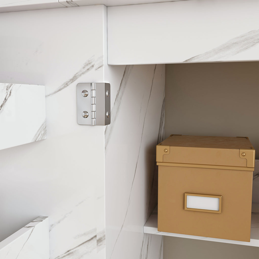 57.5' Foldable Sewing Machine Table with Locking Casters, Multi-Storage Craft Station with Shelves, Bins & Cabinet, Adjustable Sewing Cabinet for Home, Bedroom, and Craft Room(White)