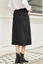 Black Front Slit Shift High Waist Midi Skirt- Women