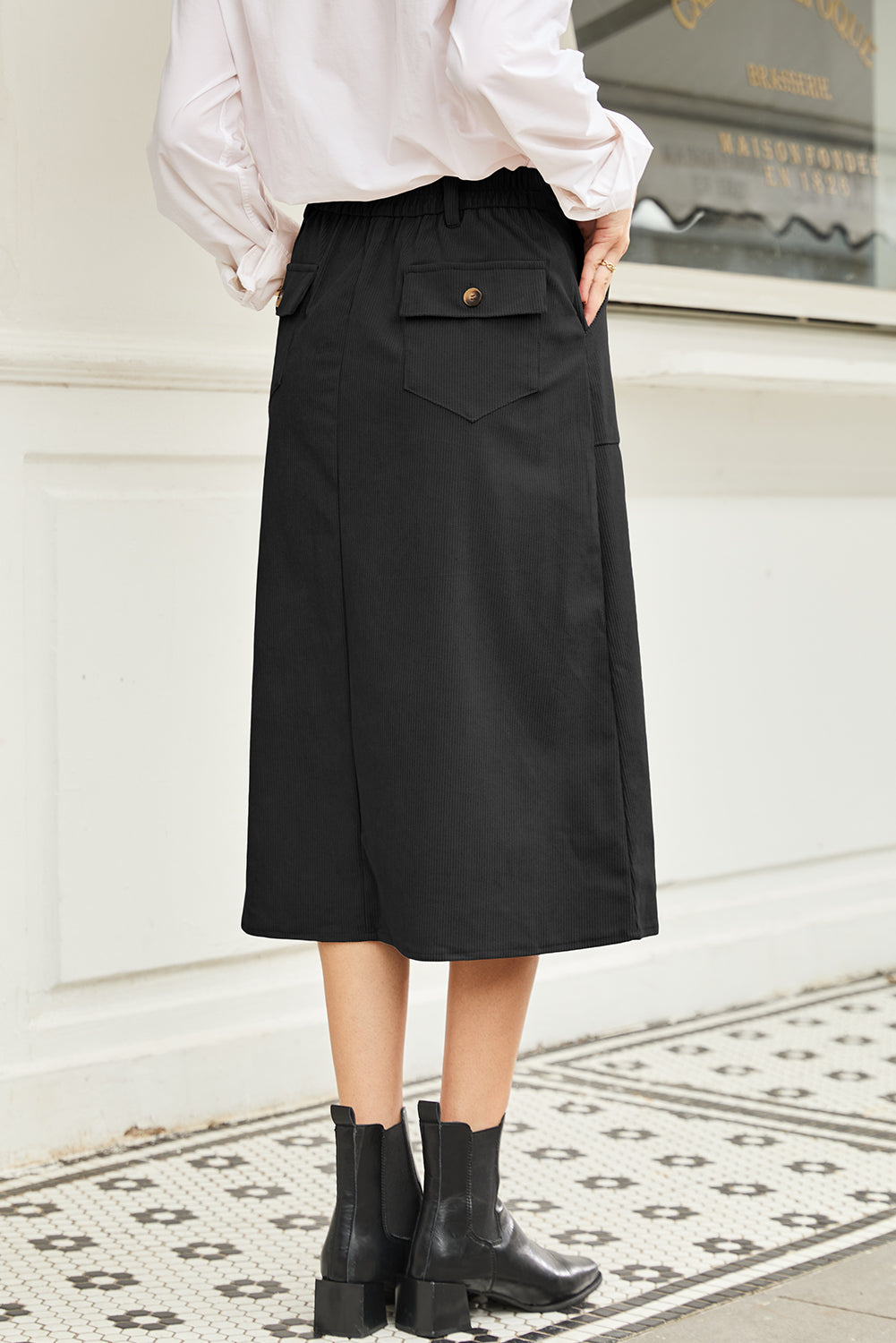 Black Front Slit Shift High Waist Midi Skirt- Women