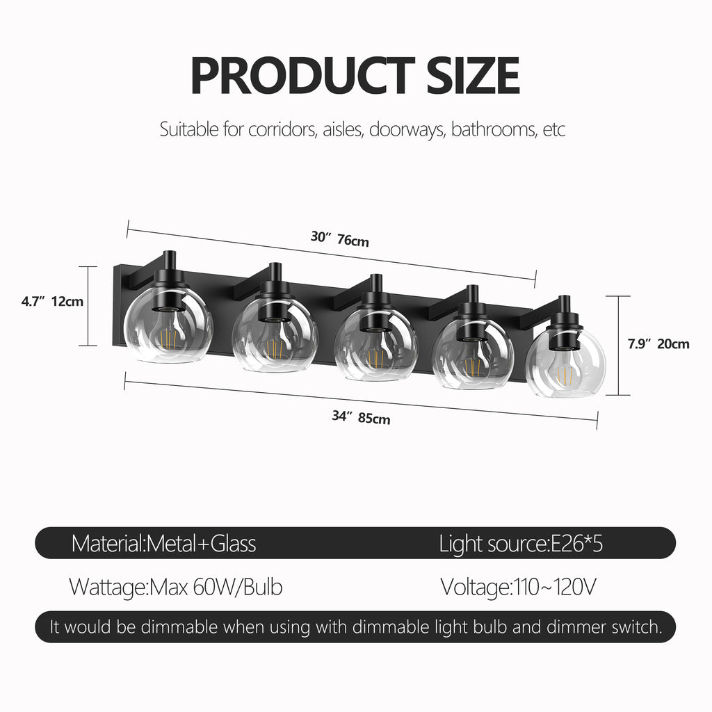 Bathroom Light Fixtures Over Mirror 5-Lights Bathroom Vanity Light with Clear Globe Glass Shade Modern Black Vanity Light Wall Sconce Vanity Lighting for Bath(Bulbs Not Included)