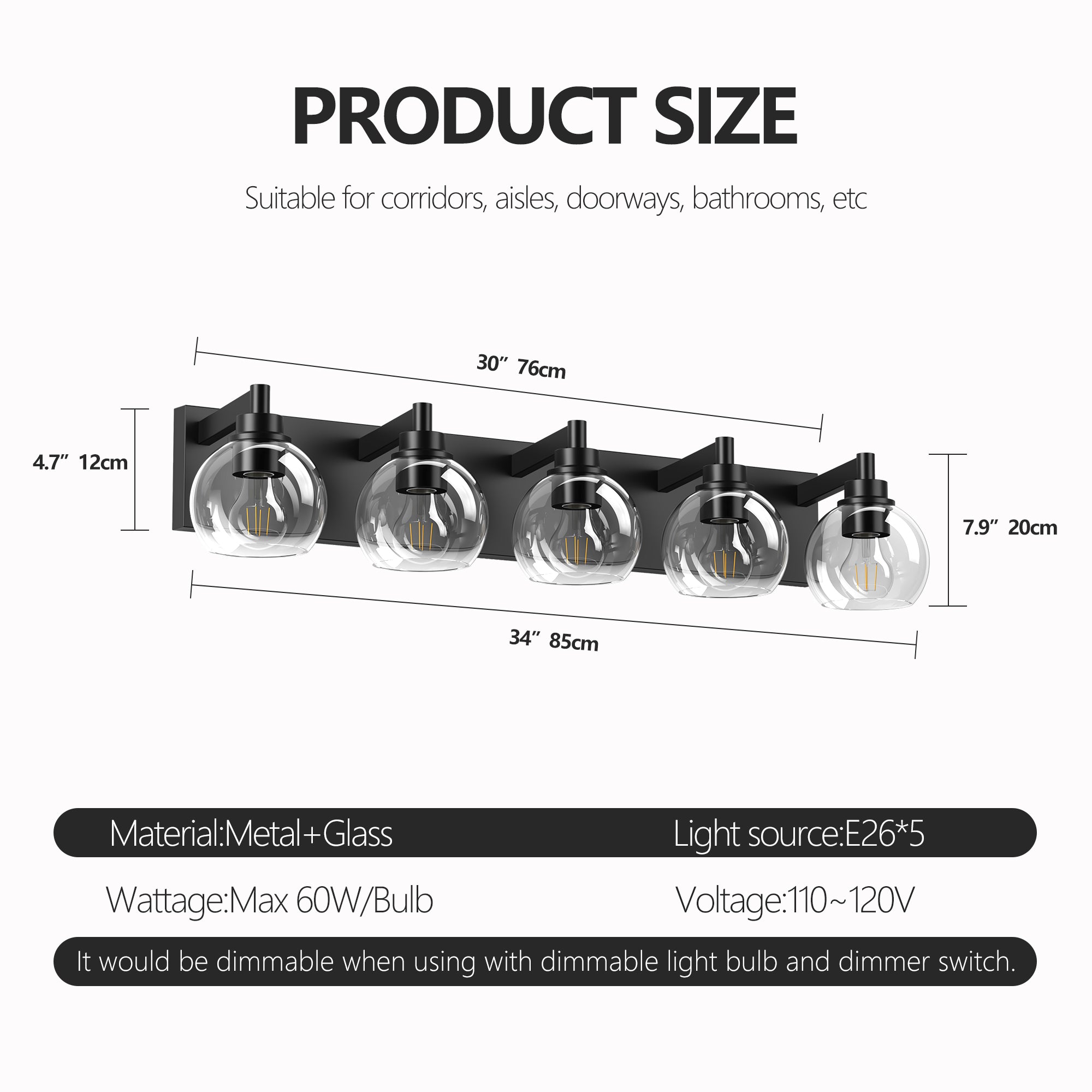 Bathroom Light Fixtures Over Mirror 5-Lights Bathroom Vanity Light with Clear Globe Glass Shade Modern Black Vanity Light Wall Sconce Vanity Lighting for Bath(Bulbs Not Included)