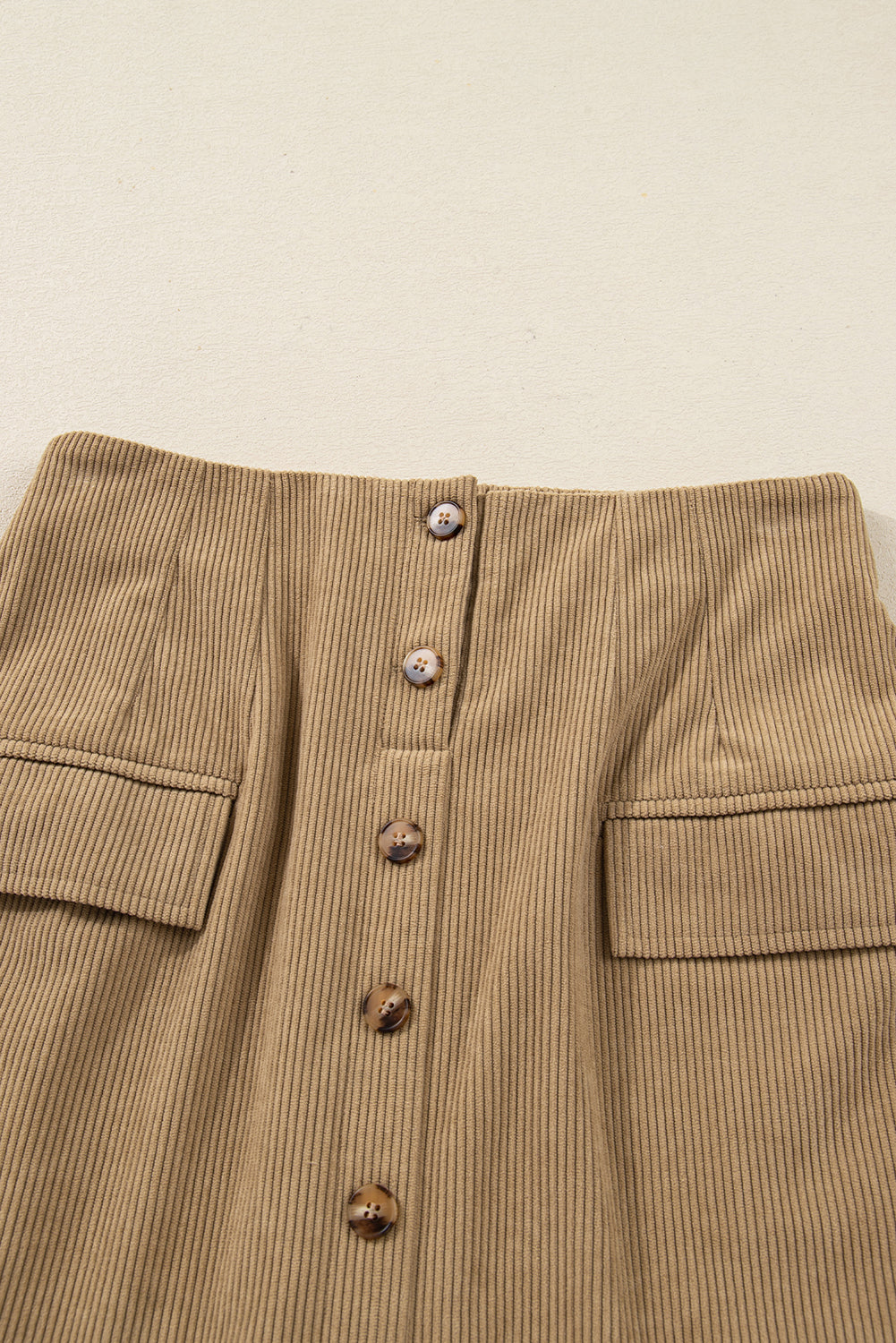 Camel Corduroy Buttoned Front Faux Pockets Mini Skirt- Women