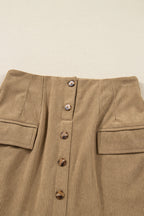 Camel Corduroy Buttoned Front Faux Pockets Mini Skirt- Women