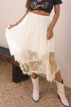 Beige Lace Cascading Tiered High Waist Maxi Skirt- Women