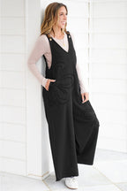 Black Solid Color Raw Seam Big Flower Patched Loose Overall Jumpsuit- Women