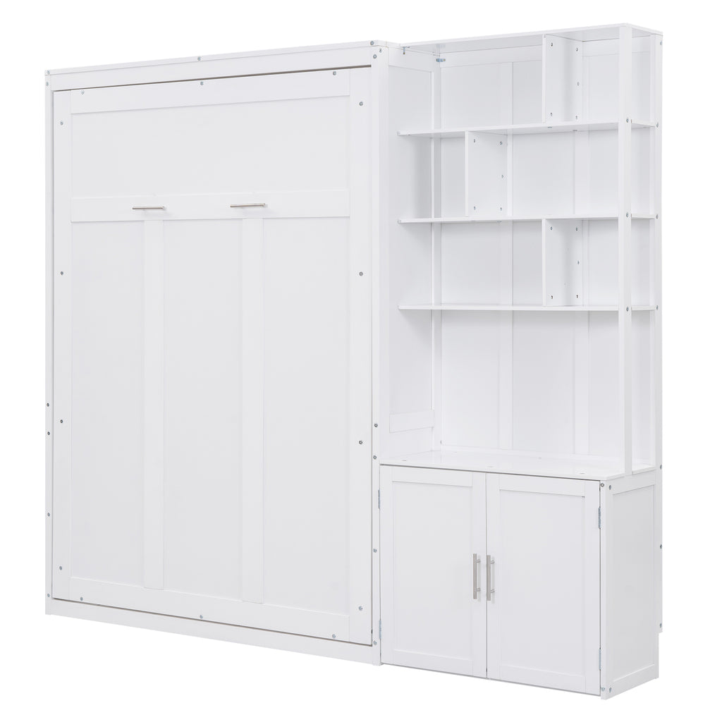 Full Size Murphy Bed with Multiple Storage Shelves and A Cabinet, White