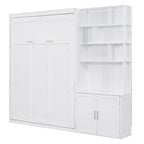 Full Size Murphy Bed with Multiple Storage Shelves and A Cabinet, White