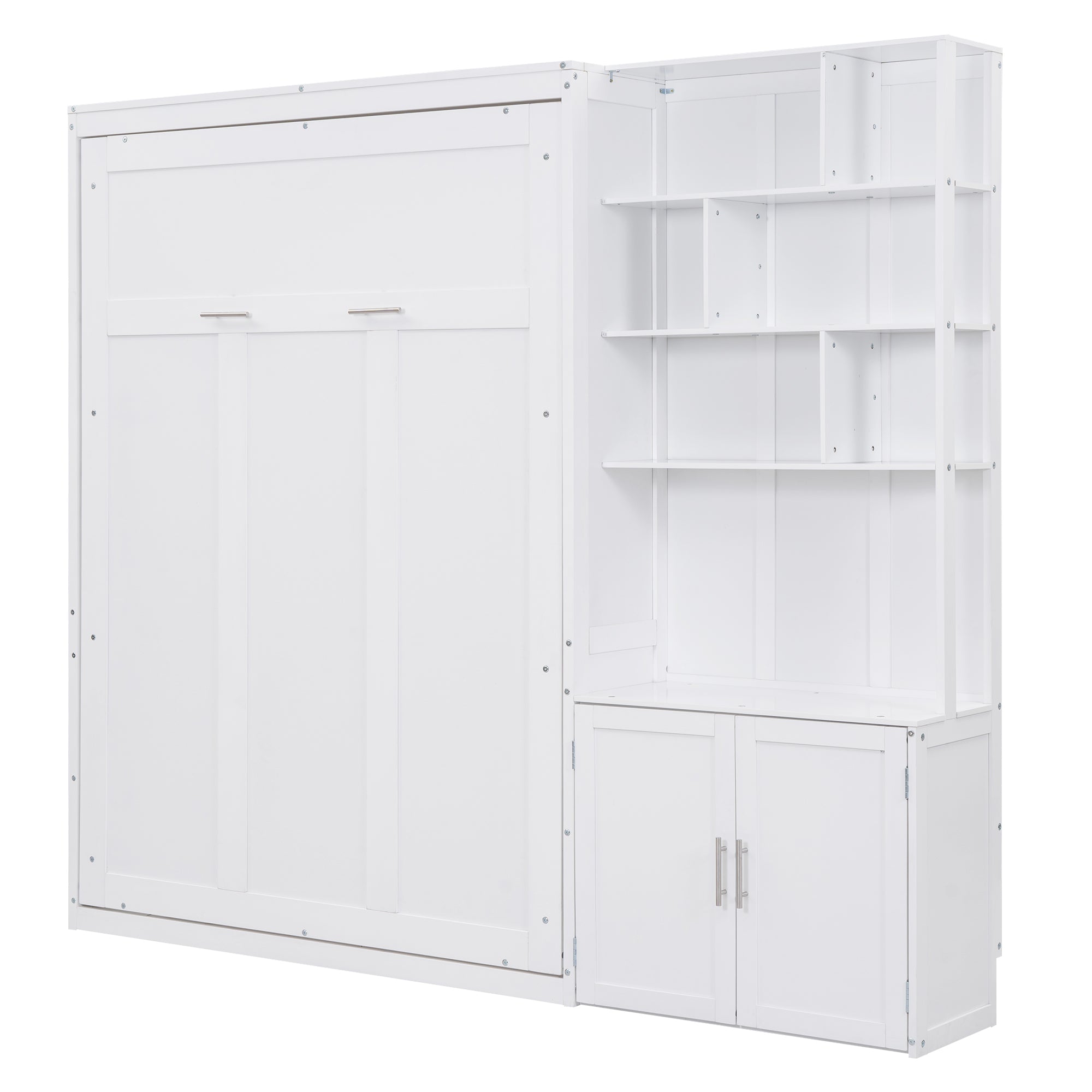 Full Size Murphy Bed with Multiple Storage Shelves and A Cabinet, White