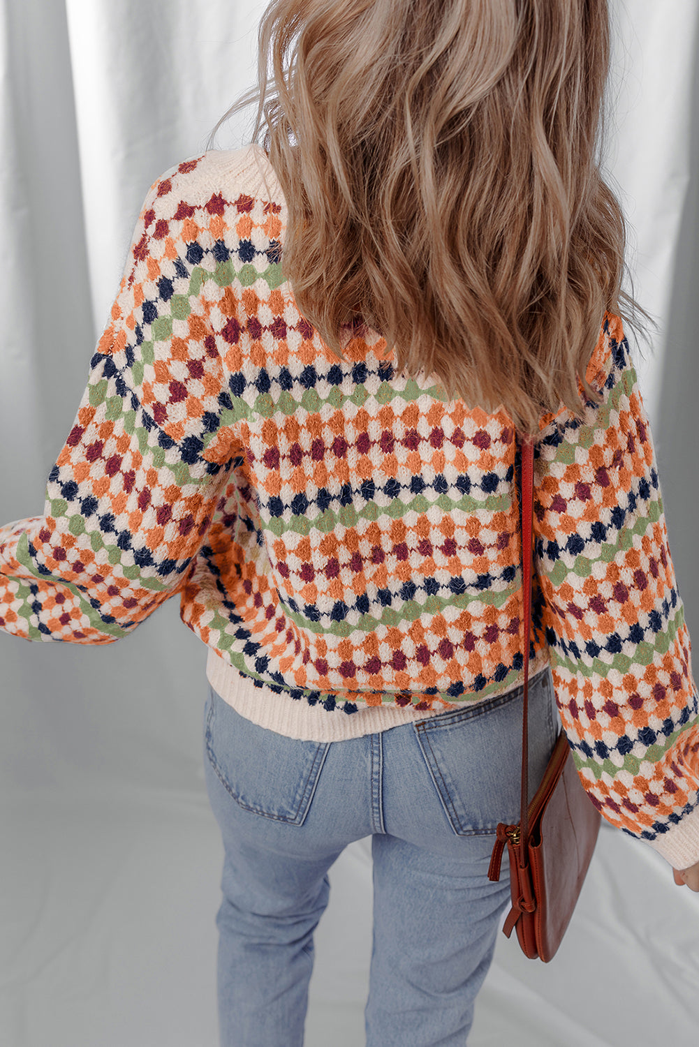 Multicolour Dotty Striped Pattern Knit Drop Shoulder Sweater- Women