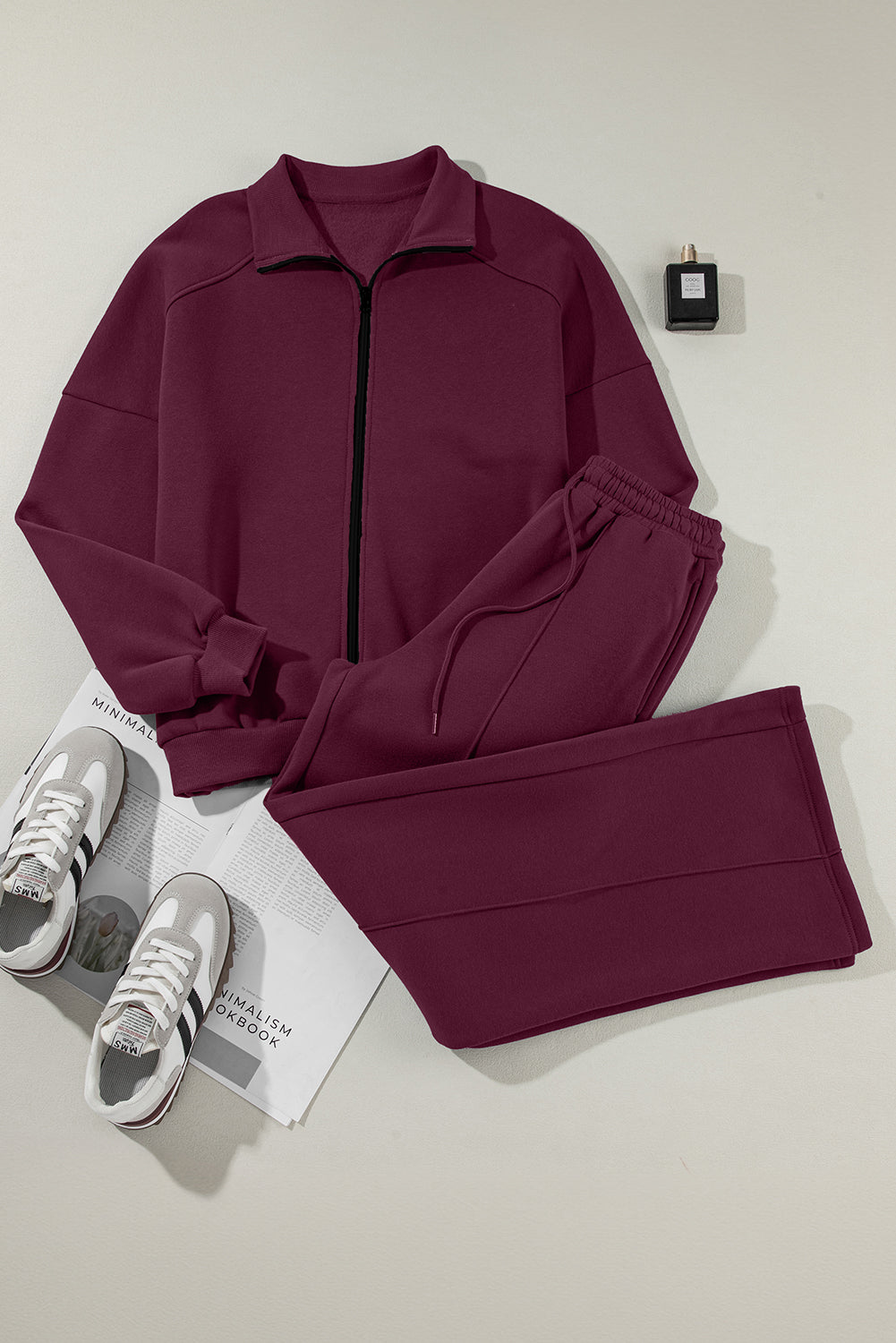 Burgundy Drop Shoulder Zip Up Jacket Drawstring Pants Active 2pcs Set- Women