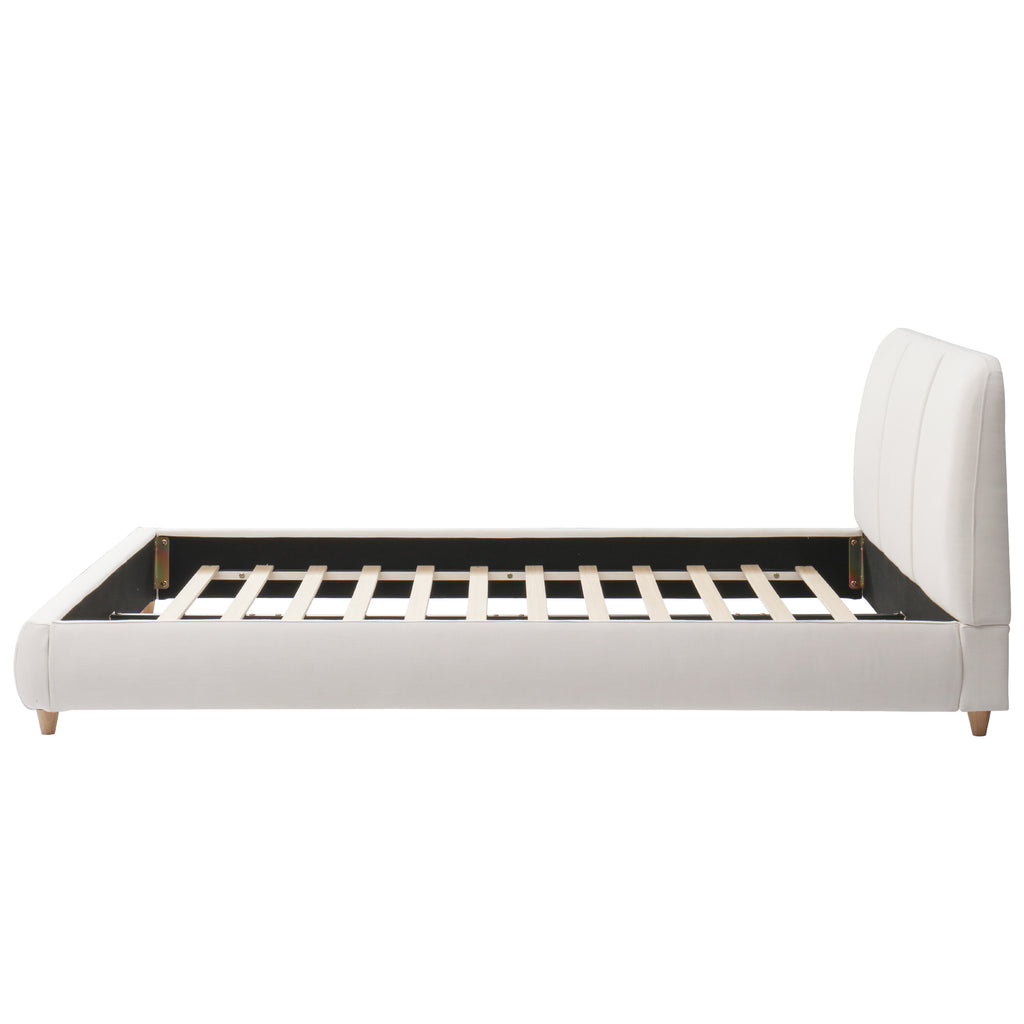 Queen Size Modern Upholstered Bed Frame with Linen Fabric and Solid Wood Legs, White