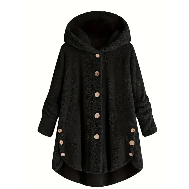 Plus Size Women's Vintage Sherpa Hooded Cardigan Plush Lined Button Up Jacket For Autumn And Winter Black