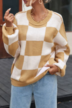 Khaki Checkered Bishop Sleeve Sweater- Women
