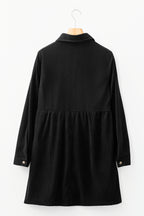 Black Corduroy Half Button Collared Long Sleeve Mini Dress- Women