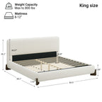 Elegant White Boucle Upholstered King Bed with Dark Brown Solid Wood Legs, Luxurious Bedroom Centerpiece