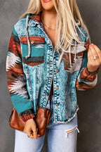 Multicolor Aztec Print Frayed Hem Denim Jacket- Women