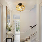 18' Bohemian Wood Beaded Ceiling Fan with Light, Flush Mount Caged Ceiling Fan, Rustic Farmhouse Low Profile Fan Light Fixture for Indoor Home Decor (Silent/6-Speed/Reversible/DC Motor) (No Bulbs)