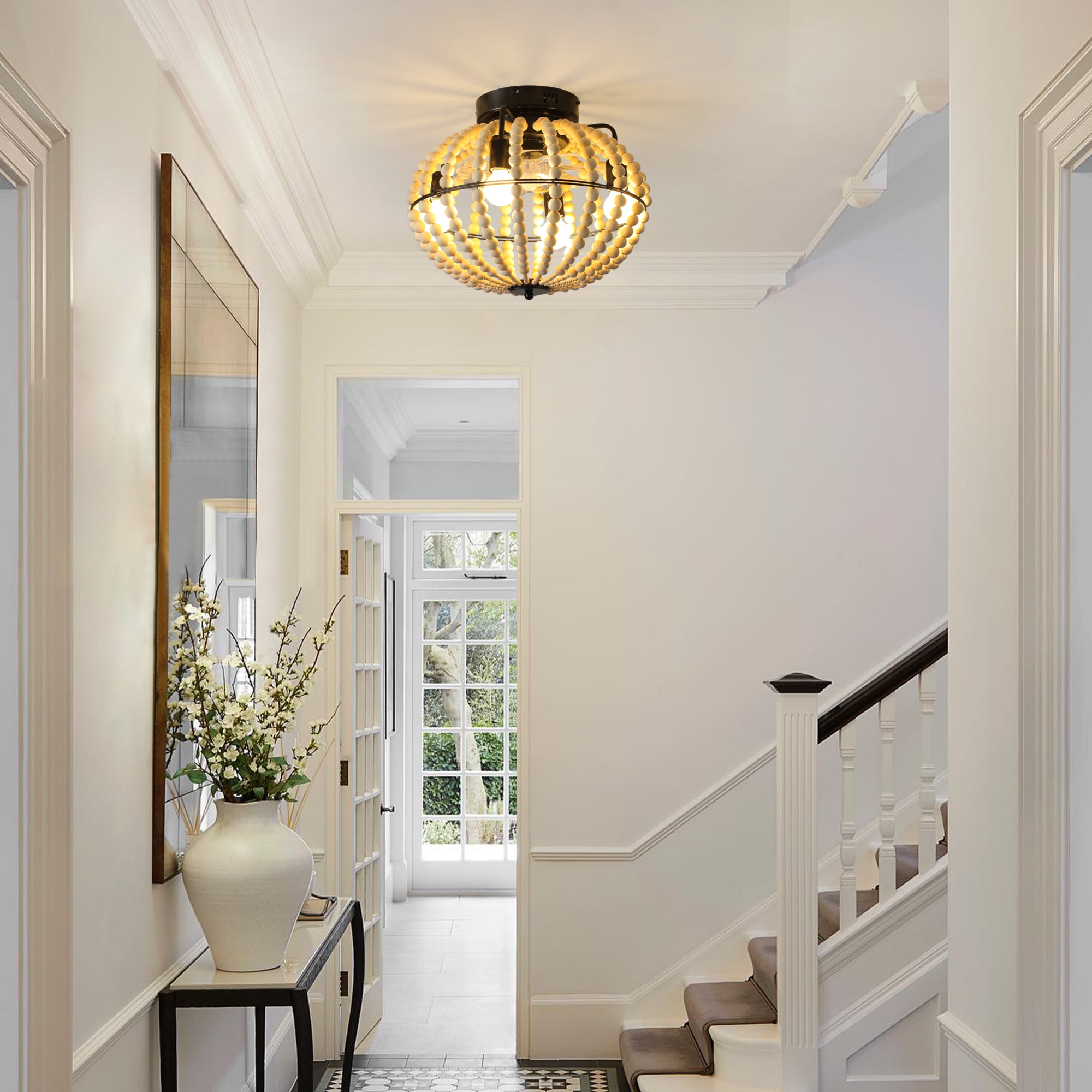 18' Bohemian Wood Beaded Ceiling Fan with Light, Flush Mount Caged Ceiling Fan, Rustic Farmhouse Low Profile Fan Light Fixture for Indoor Home Decor (Silent/6-Speed/Reversible/DC Motor) (No Bulbs)