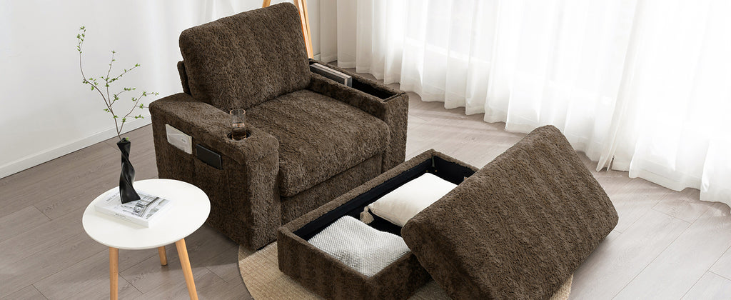 Oversized Chaise Lounge Indoor Faux Rabbit Fur Sofa Bed with Storage Ottoman and Armrests, Cup Holders, 42' Upholstered Sleeper Chair, 4 Colors