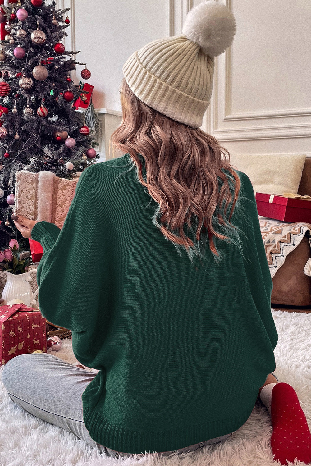 Blackish Green Merry Letter Embroidered High Neck Sweater- Women