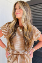 Khaki Stripe Crew Neck Tee Drawstring Waist Cropped Pants Set- Women