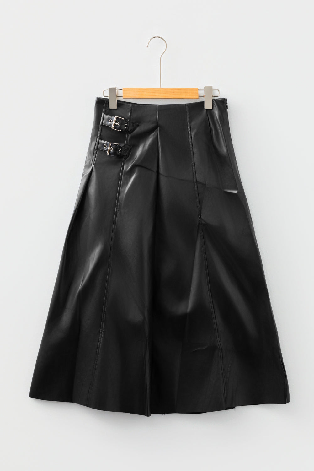 Black Faux Leather Retro Buckle Detail Pleated Stitch Flared Midi Skirt- Women