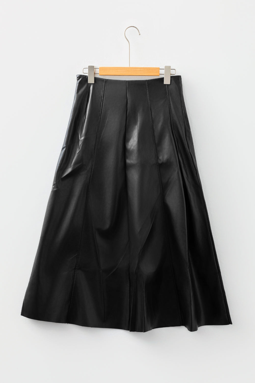 Black Faux Leather Retro Buckle Detail Pleated Stitch Flared Midi Skirt- Women