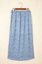Sky Blue Boho Floral High Waist Long Skirt with Side Split- Women