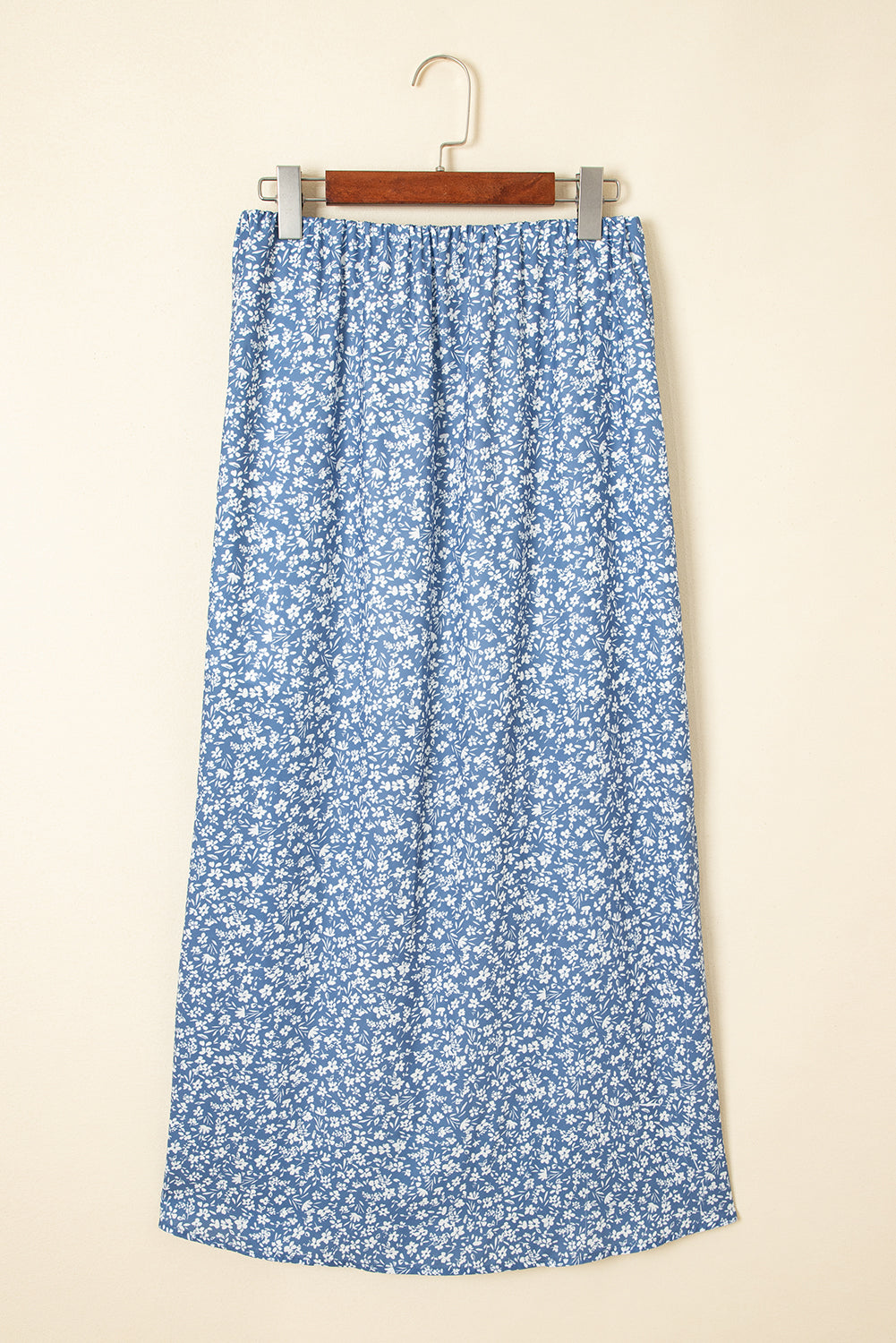 Sky Blue Boho Floral High Waist Long Skirt with Side Split- Women