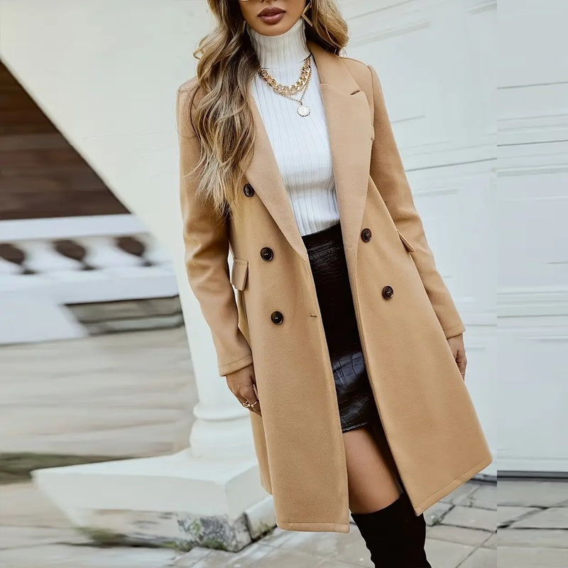 Women's Solid Color Double-Breasted Wool-Like Coat Notch Lapel Long Sleeve Mid-Length Overcoat With Pockets