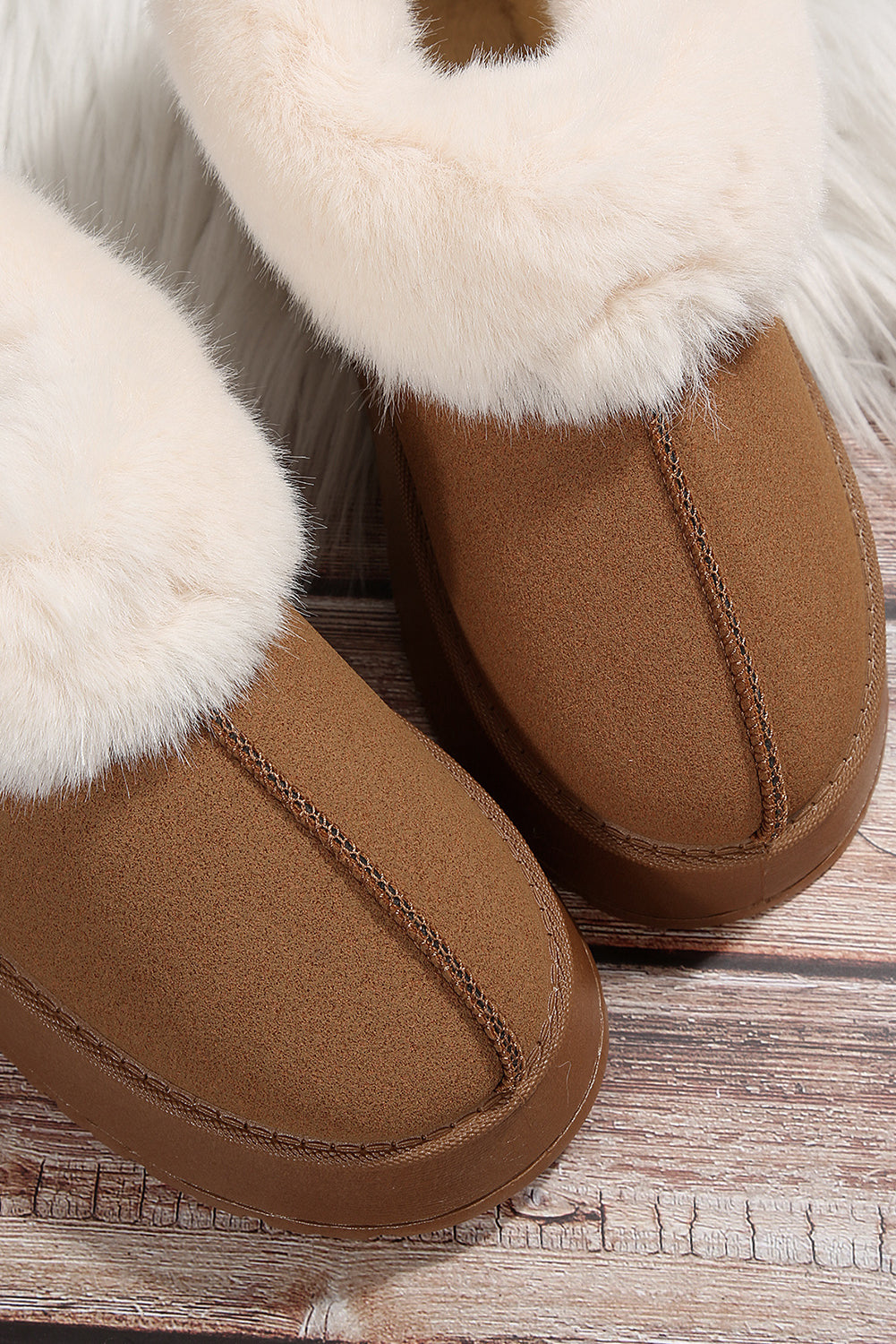 Chestnut Plush Suede Trim Thick Sole Flat Snow Boots- Women