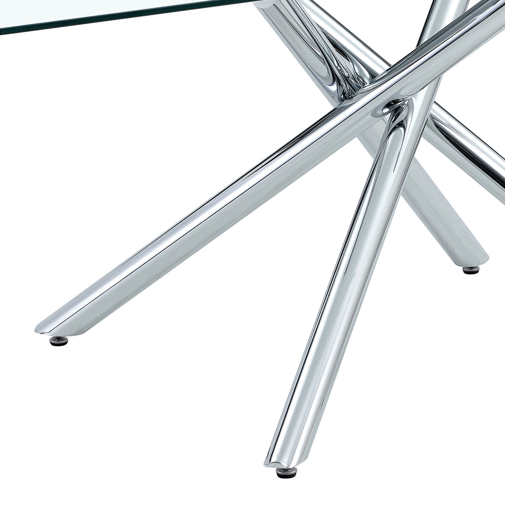 Large Modern Minimalist Rectangular Glass Dining Table with 0.39' Tempered Glass Tabletop and Silver Chrome Metal Legs, for Kitchen Dining Living Meeting Room Banquet hall,63''x35''x 29''W1151S00191