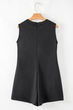 Black white Tie V Neck Pintuck Sleeveless Loose Romper- Women