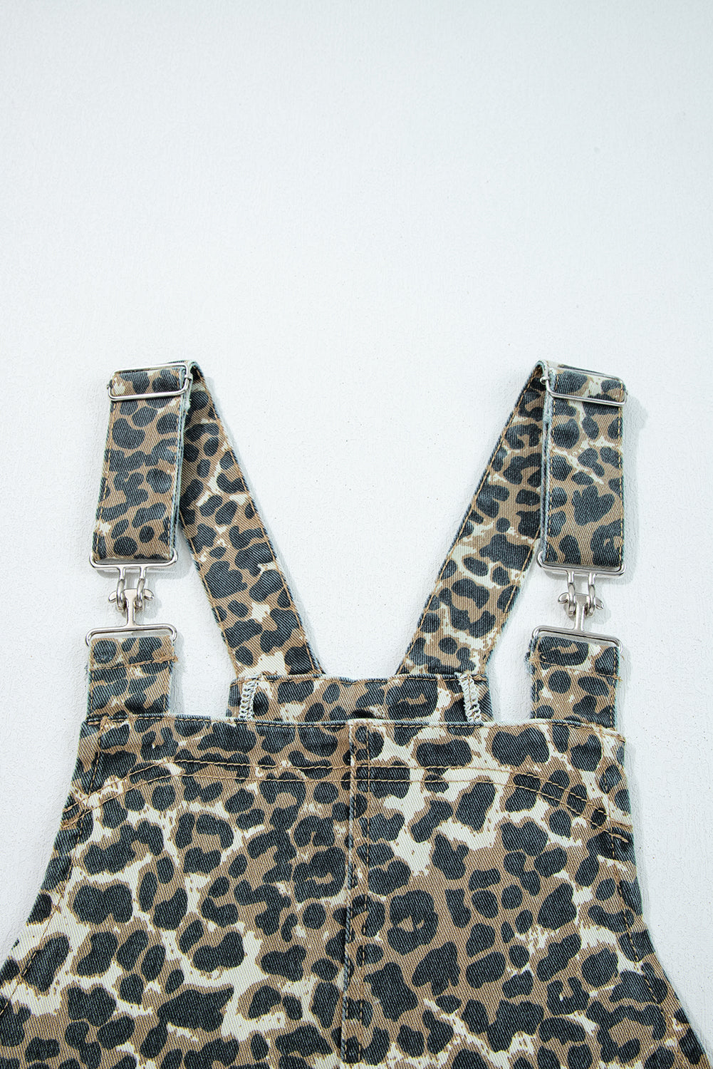 Gray Leopard Print Pocketed Loose Fit Denim Overall Dress- Women